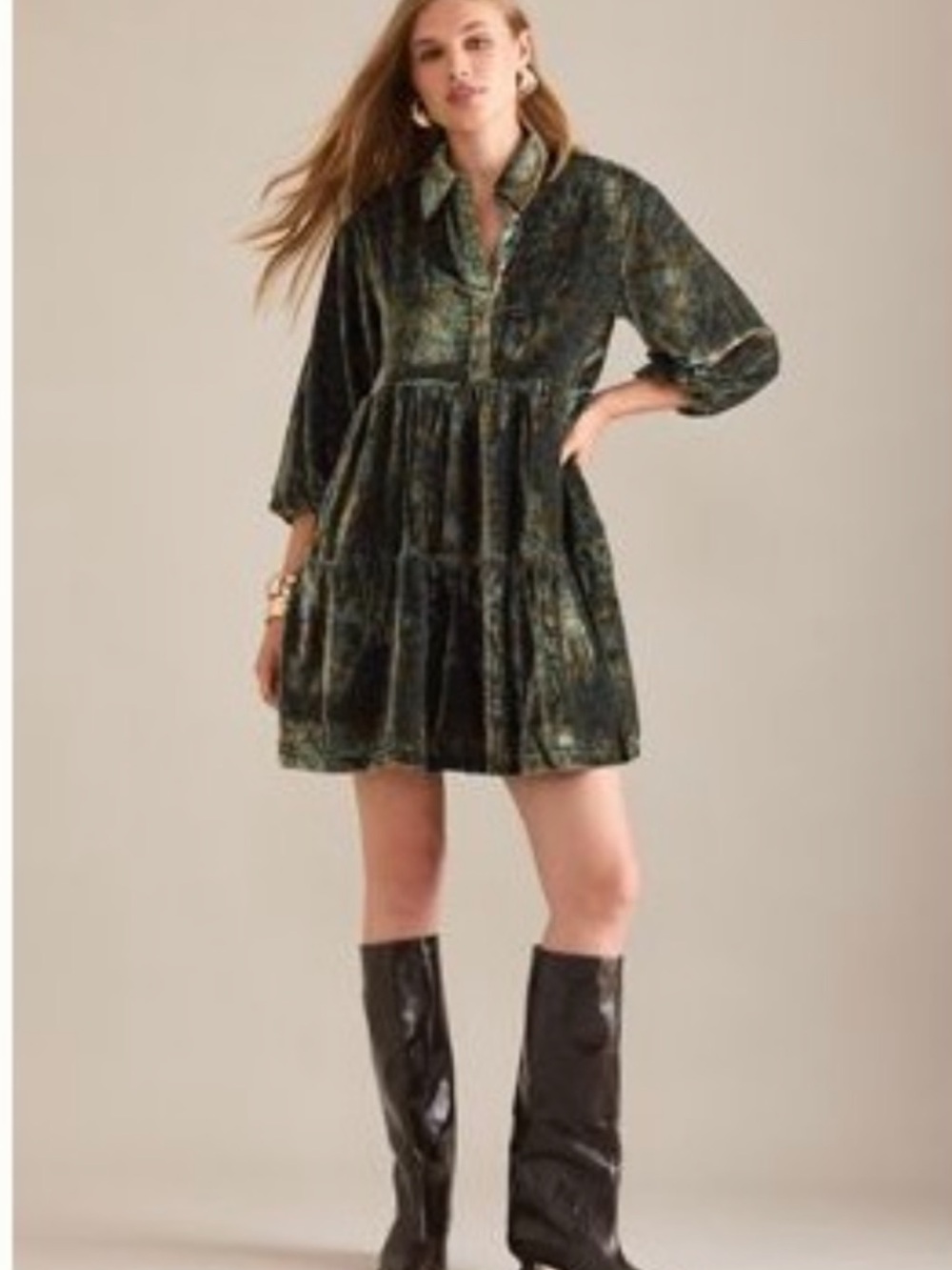 Maeve Bettina Velvet Tiered Mini Shirtdress Blue & Green XS